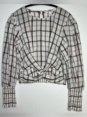 Veronica Beard Nyla Top Size 8 in White/Multicolor Check Plaid Cotton Blend